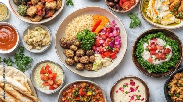 Fototapeta Colorful Assortment of Middle Eastern Dishes Served on a Table
