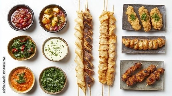 Fototapeta Delicious Assortment of Grilled Skewers and Dipping Sauces