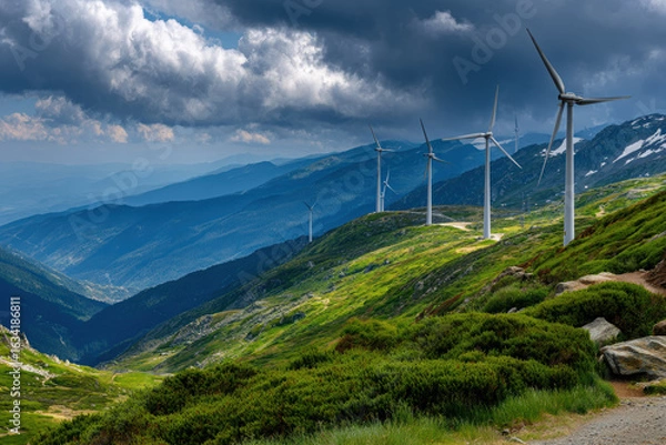 Fototapeta Wind turbines on a mountain ridge under a cloudy sky