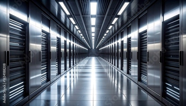 Obraz Server Room Data Center with Rows of Equipment and Reflective Floor