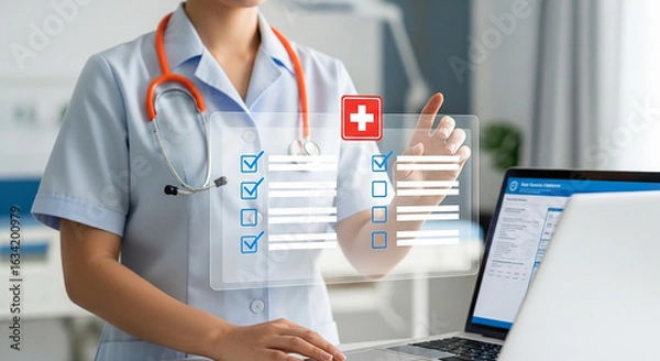 Fototapeta medical checklist, nurse interacting with digital interface on laptop showing healthcare report icons representing patient data management diagnosis workflow and clinical documentation system

