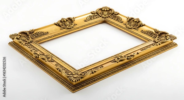 Fototapeta Ornate gold picture frame with intricate details and a blank center on a white background studio shot