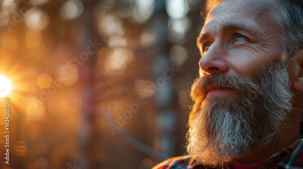 Fototapeta Man with a beard basking in the glow of the setting sun. He looks up to the sky in thoughtful silence.