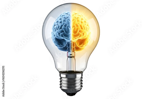 Fototapeta Conceptual light bulb with a split human brain inside representing ideas and innovation isolated on transparent background