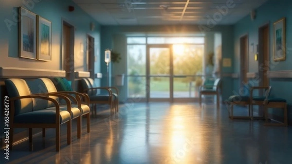 Fototapeta Empty Hospital Waiting Room with Sunlight, Serene Atmosphere, Soft Lighting.