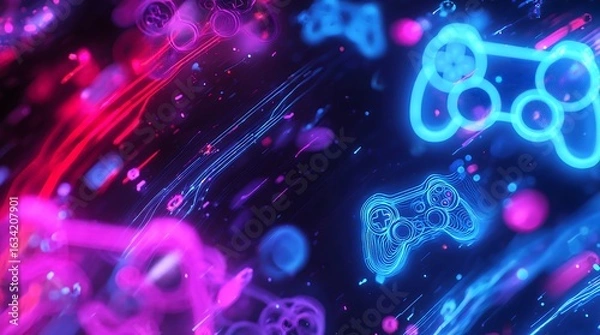 Fototapeta Abstract neon gaming background with glowing controllers and vibrant light streaks