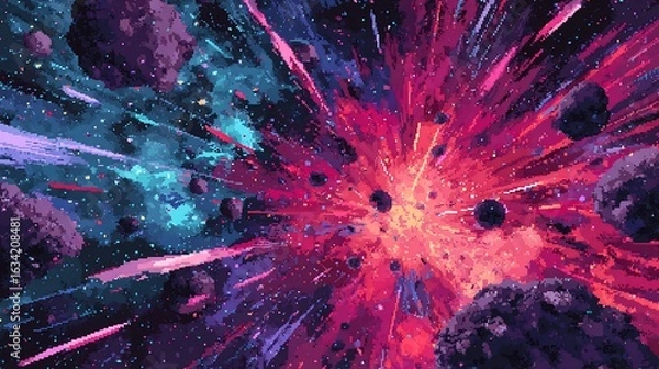 Fototapeta Pixel art cosmic explosion with asteroids and vibrant energy burst