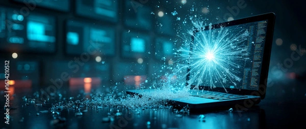 Fototapeta Exploding Laptop with Data Burst – Cyberattack or Digital Breakdown Concept