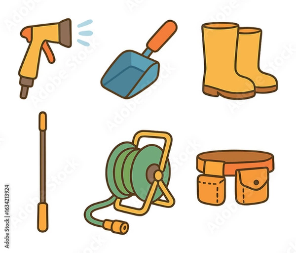 Fototapeta Gutter Cleaning Tools. Flat vector mini-illustrations Gutter cleaning accessories in colors children's