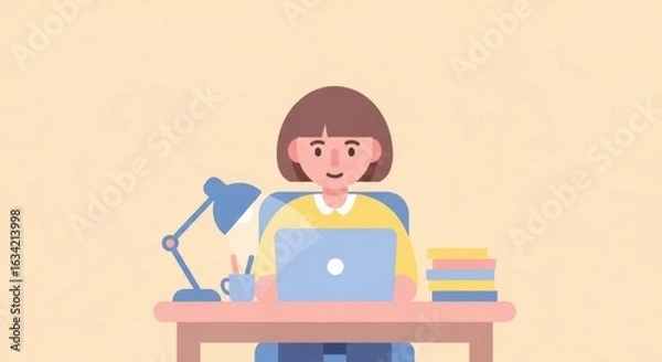 Fototapeta Focused Study Session: A Woman at Her Desk with a Laptop in a Minimalist Style