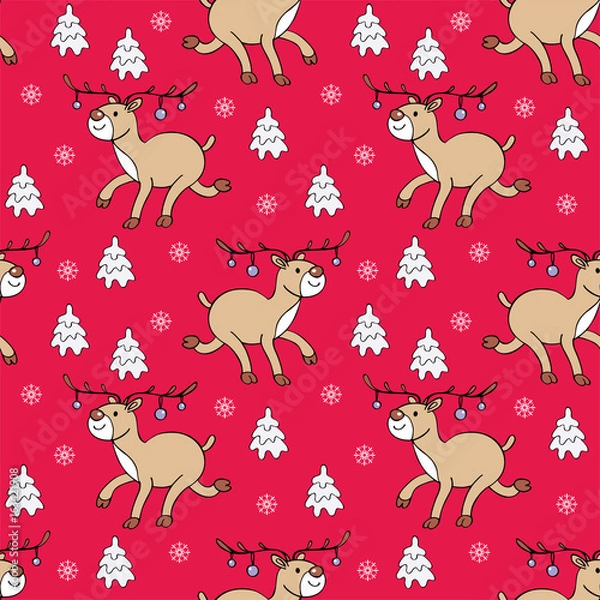 Fototapeta Christmas colorful seamless pattern with the image of a cute deer and fir trees. Vector background.
