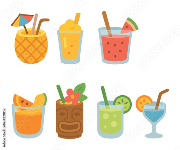 Fototapeta Tropical Summer Drinks. Flat vector mini-illustrations tropical summer drinks in colors children's