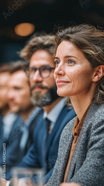 Fototapeta A team of businesspeople sits in a row and works during a conference or office meeting, improving teamwork and presentation.