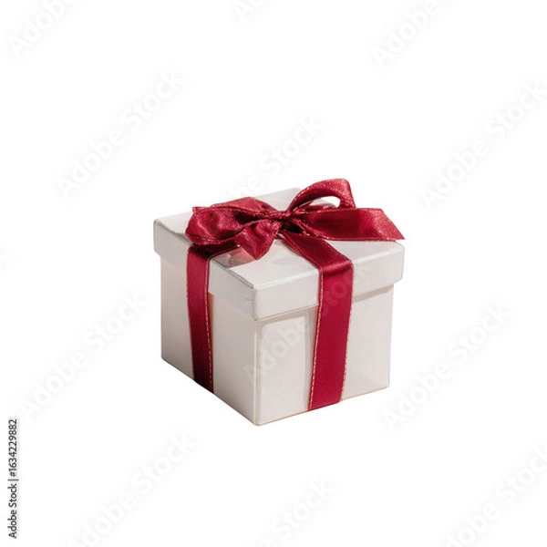 Fototapeta A beautifully wrapped white gift box with a red satin ribbon, perfect for any occasion, isolated on a white background.