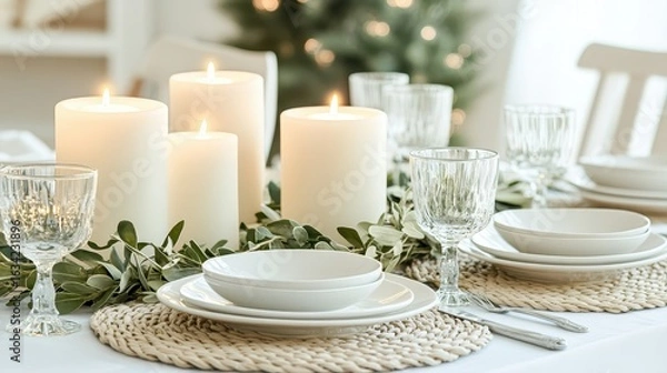 Fototapeta Elegant Table Setting with Candles and Greenery for Holiday Dining