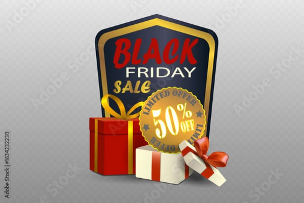 Fototapeta Black Friday badge with elegant gift boxes and glowing golden label