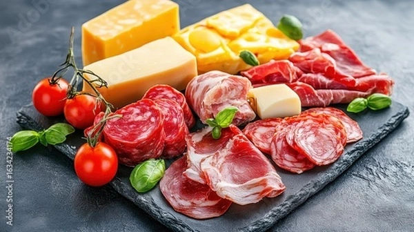 Fototapeta Fresh Assortment of Meats and Cheeses on a Slate Board
