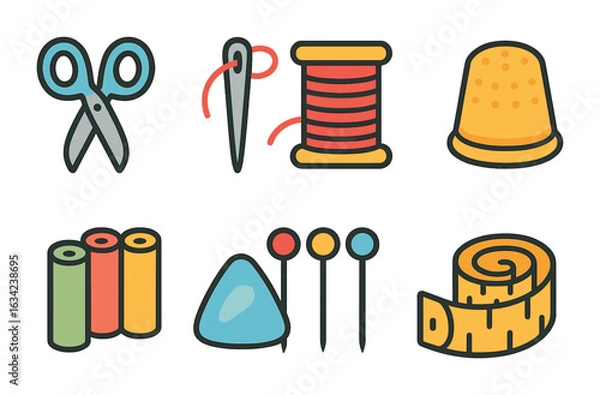 Fototapeta Sewing Tools Grid. Flat vector mini-illustrations tailoring tools in colors children's illustrations: scissors
