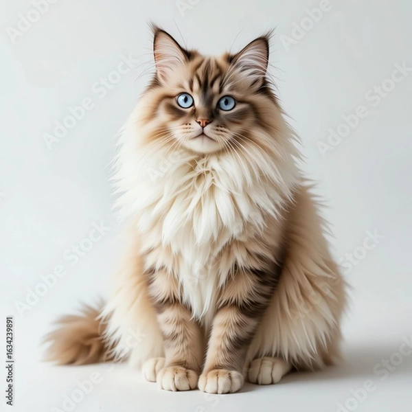 Obraz A beautiful fluffy cat with striking blue eyes, sitting gracefully against a soft background.