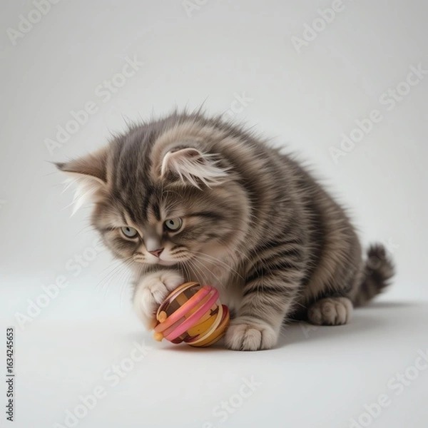 Obraz Adorable kitten playing with a colorful ball, showcasing playful curiosity and charm in a minimalistic setting.