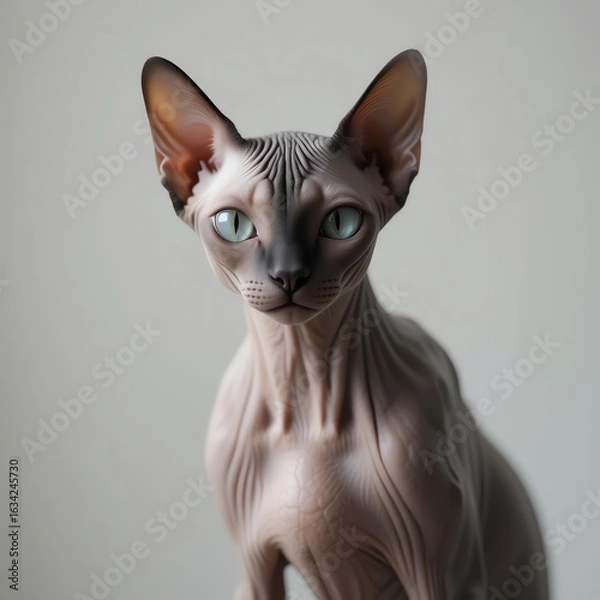 Obraz Close-up of a Sphynx cat, showcasing its distinctive features and large, expressive eyes against a neutral backdrop.