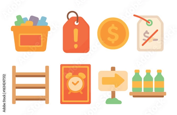 Fototapeta Colorful Clearance Icons. Flat vector mini-illustrations of clearance sales in colors children's illustrations