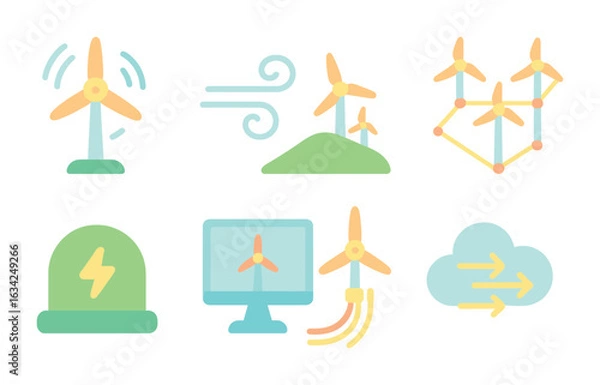 Fototapeta Wind Energy Icons. Flat vector mini-illustrations of wind energy networks in colors children's illustrations: