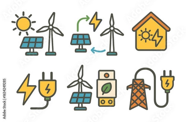 Fototapeta Hybrid Energy Icons. Flat vector mini-illustrations of hybrid energy grids in colors children's illustrations: