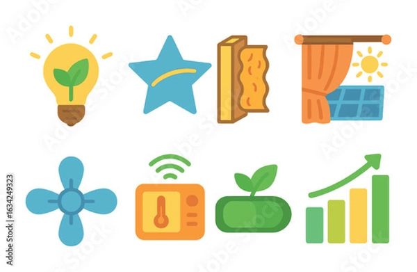 Fototapeta Energy Efficiency Icons. Flat vector mini-illustrations of energy efficiency symbols in colors children's