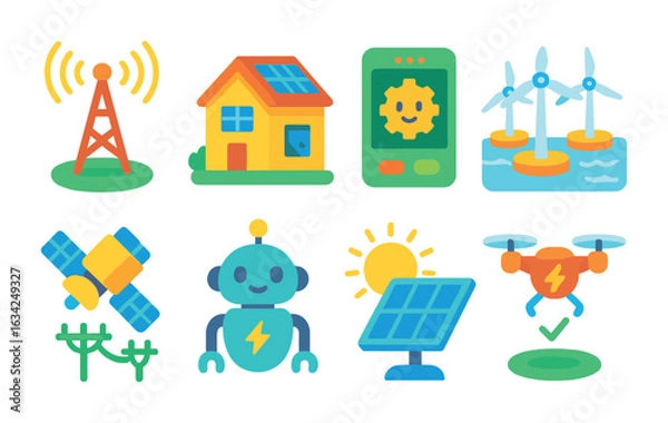 Fototapeta Future Green Energy Tech. Flat vector mini-illustrations of future green energy tech in colors children's