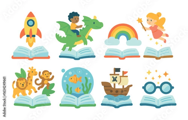 Fototapeta Imaginative Reading Adventures. Flat vector mini-illustrations of imaginative reading moments in colors