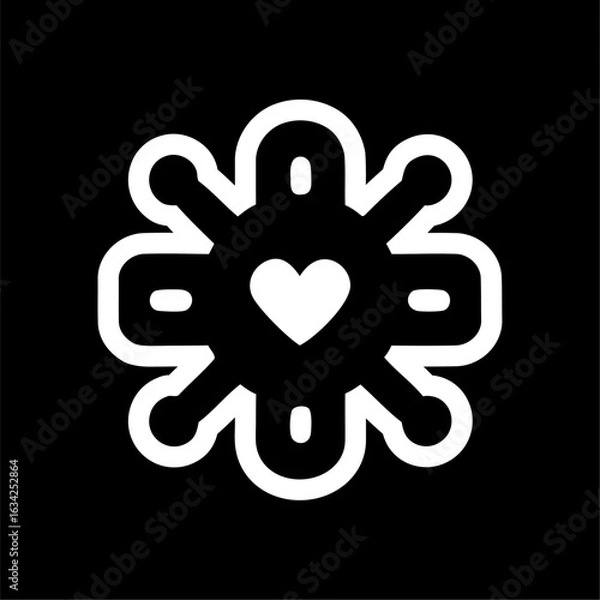 Fototapeta Connected Heart Network Icon with Bold Outline on Black. Stylized heart in the center of a bold network icon with thick white outlines on black background. Symbolizes connection, love, care, 
