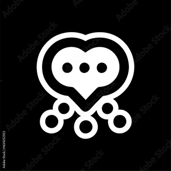 Fototapeta Heart-Shaped Chat Bubble with Network Dots Icon on Black. A heart-shaped speech bubble with three dots and connected circles below. Symbolizing love, communication, and connection. Bold white outline
