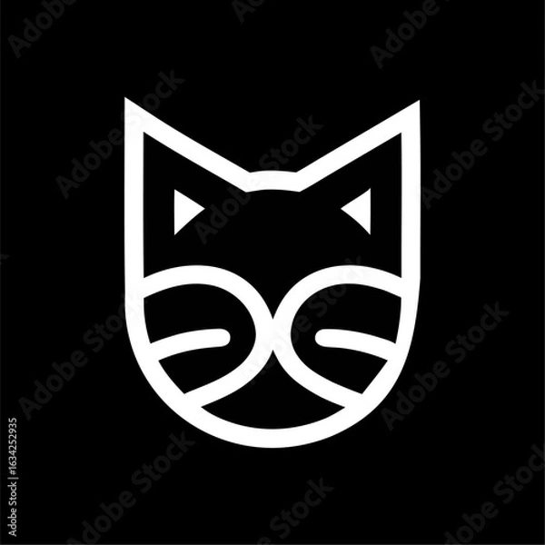 Fototapeta Minimalist Cat Face Icon with Bold White Outline on Black. cat icon, cat face, feline symbol, pet icon, minimalist logo, white outline, black background, animal face, vector cat, modern icon
