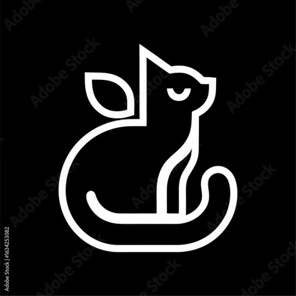 Fototapeta Eco Cat Line Art Icon with Leaf on Black Background. Minimalist white line icon of a sitting cat with a leaf on its back, symbolizing eco-friendly, nature, or organic pet themes. 
