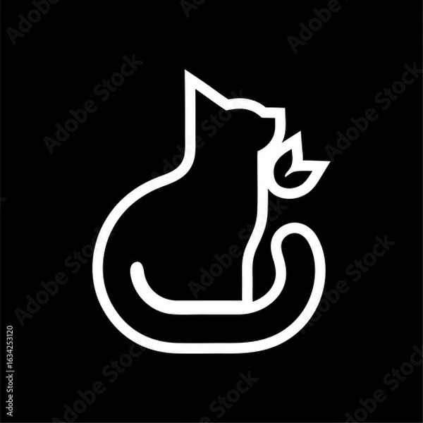Fototapeta Minimalist Cat Holding Leaf Icon on Black Background. Line art icon of a sitting cat holding a leaf in its mouth. Clean white outline on black. Symbol of nature, eco lifestyle,
