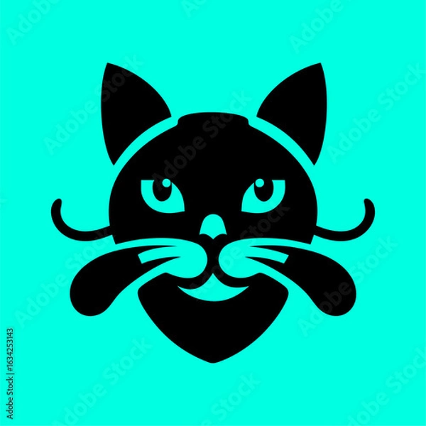 Fototapeta Modern Cat Face Silhouette with Whiskers on Cyan Background. Minimalist black cat face silhouette with bold whiskers and expressive eyes on a bright cyan background. Ideal for logos, stickers, 
