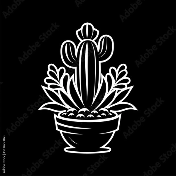 Fototapeta Monochrome Cactus in Pot Vector Illustration. Stylized black and white cactus in a pot with bold outlines and decorative leaves. Perfect for tattoos, stickers, logos, and botanical

