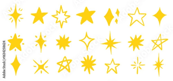 Fototapeta Crayon Star and Moon Doodle Set in Hand-Drawn Style. Includes Spark Yellow Stars