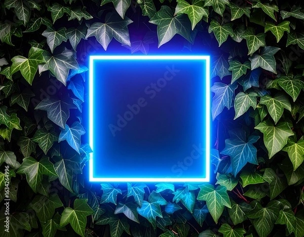 Obraz Neon Blue Square Frame Surrounded by Ivy