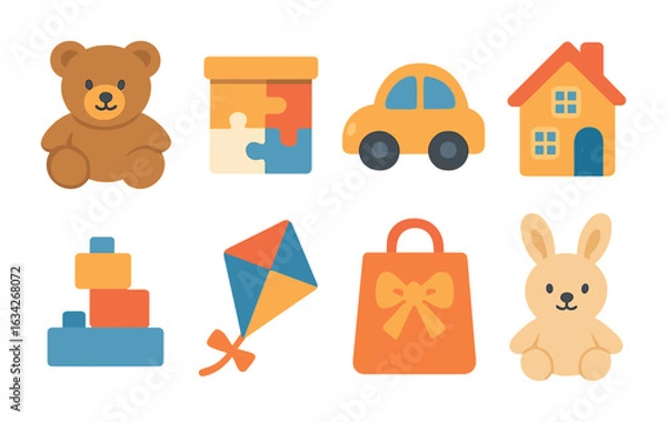 Fototapeta Toy Store Icons. Flat vector mini-illustrations toy retail franchises in colors children's illustrations: