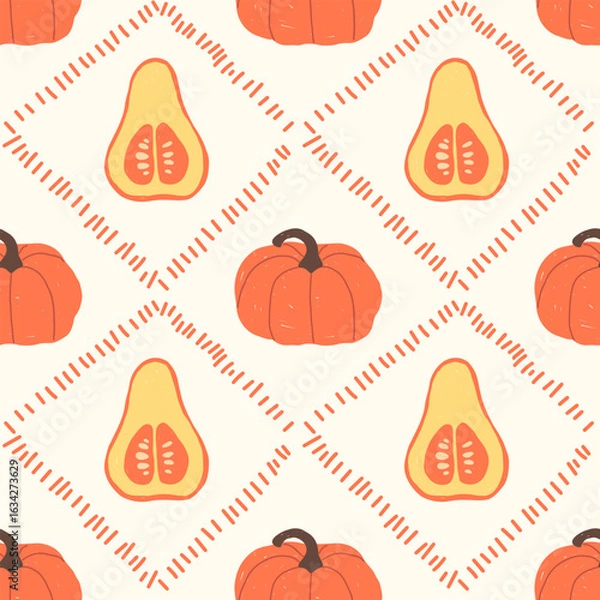 Fototapeta cozy autumn seamless pattern with pumpkins and ornaments on a light background