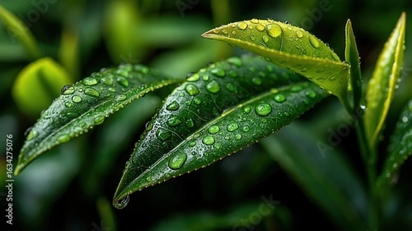 Fototapeta Dew Matrix Chaos Theory: Droplet Cluster Chaos on Vibrant Leaf Surface for Science of Complexity Ads, Natural Systems Visuals