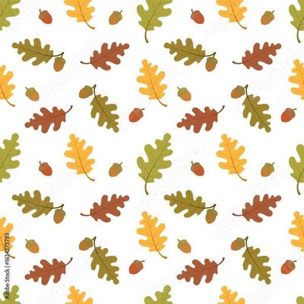 Fototapeta Seamless pattern of autumn oak leaves and acorns. Seasonal warm colors. Vector illustration on white background.For postcards decor, wrapping paper, stationery,scrapbooking, textile