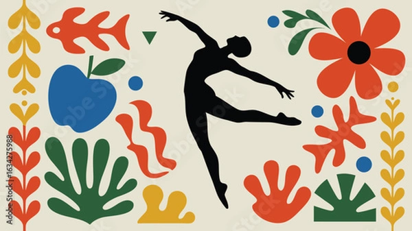 Fototapeta Abstract Ballet Dancer Surrounded by MatisseInspired Shapes, Floral Elements, and Geometric Figures