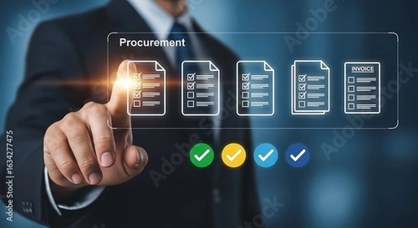 Fototapeta Business professional uses digital interface to manage procurement process, confirming tasks with virtual checkmarks for efficiency and success.