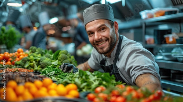 Obraz Smiling chef amidst fresh produce in a commercial kitchen.