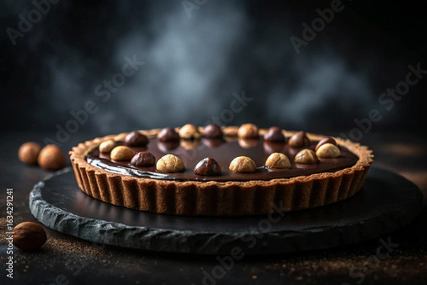 Fototapeta Delicious gourmet chocolate tart topped with hazelnut kernels beautifully presented on dark slate