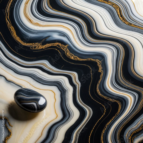 Fototapeta Abstract Swirling Black White and Gold Marble Pattern with Stone