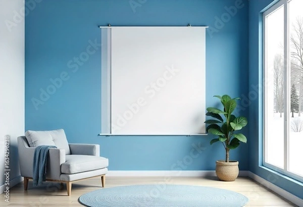 Obraz blank-white-poster-on-a-wall-in-a-modern-blue  in Living Room